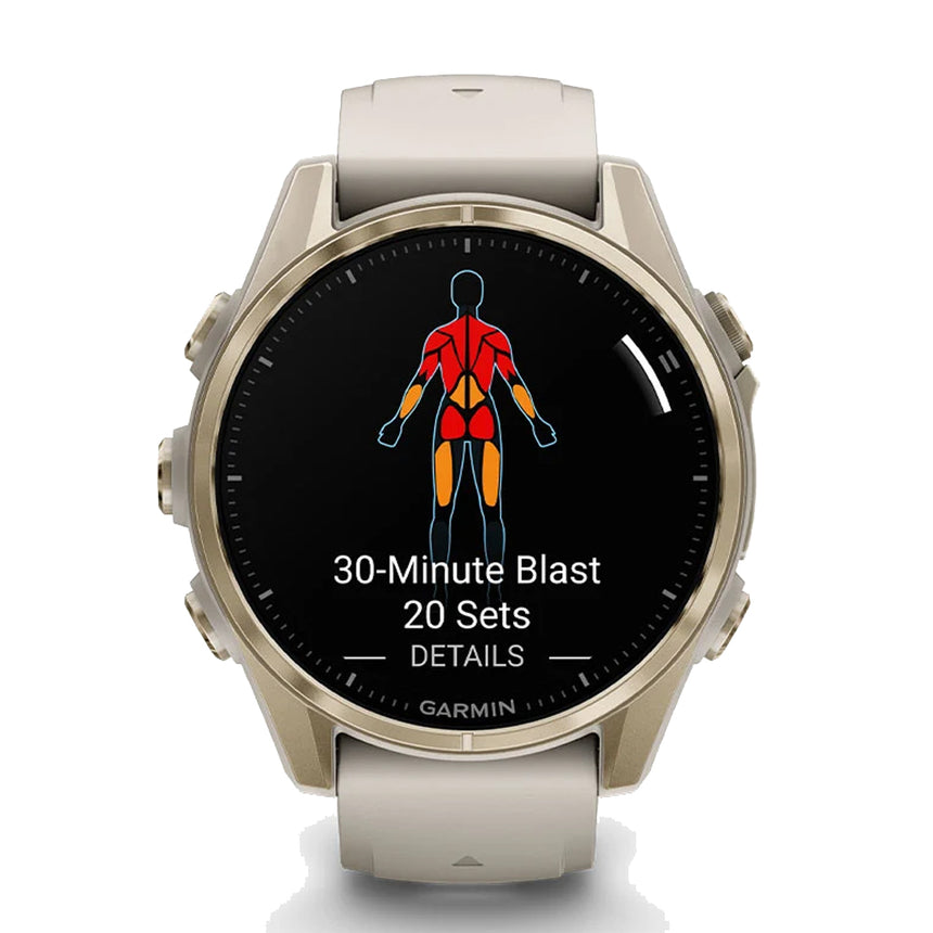 Garmin Fēnix® 8 AMOLED 43 mm Running Watch - Sapphire, Soft Gold with Fog grey/dark sandstone silicone band
