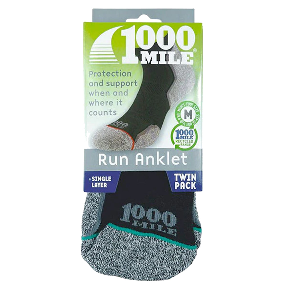 1000 Mile Repreve Single Layer Men's Running Sock Twin Pack - Black