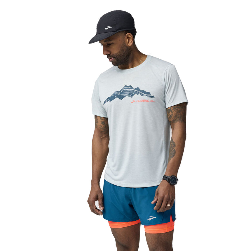 Brooks Distance 3.0 Short Sleeve Men's Running Tee - Heather Bit Of Blue/Out of Range