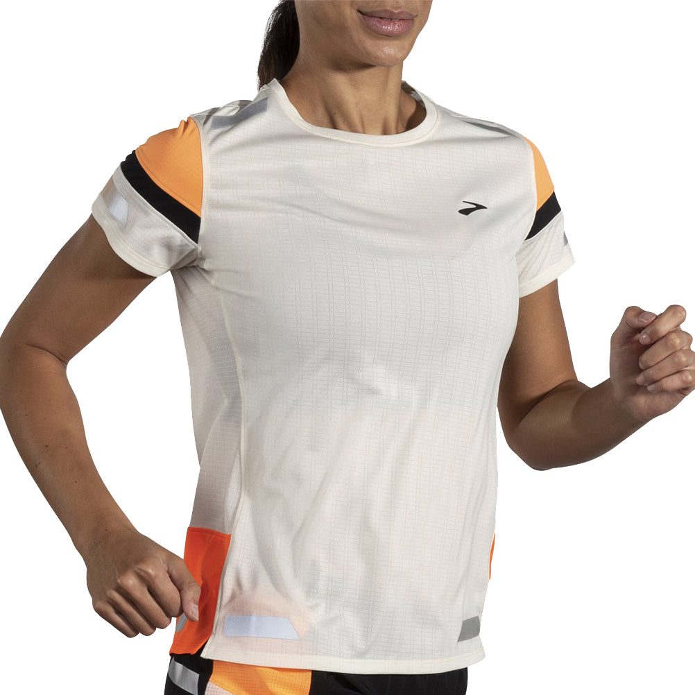 Brooks Run Visible 2.0 Short Sleeve Women's Running Tee - Ecru/Fluoro Flash/Black