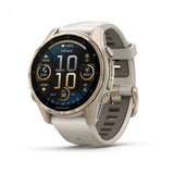 Garmin Fēnix® 8 AMOLED 43 mm Running Watch - Sapphire, Soft Gold with Fog grey/dark sandstone silicone band