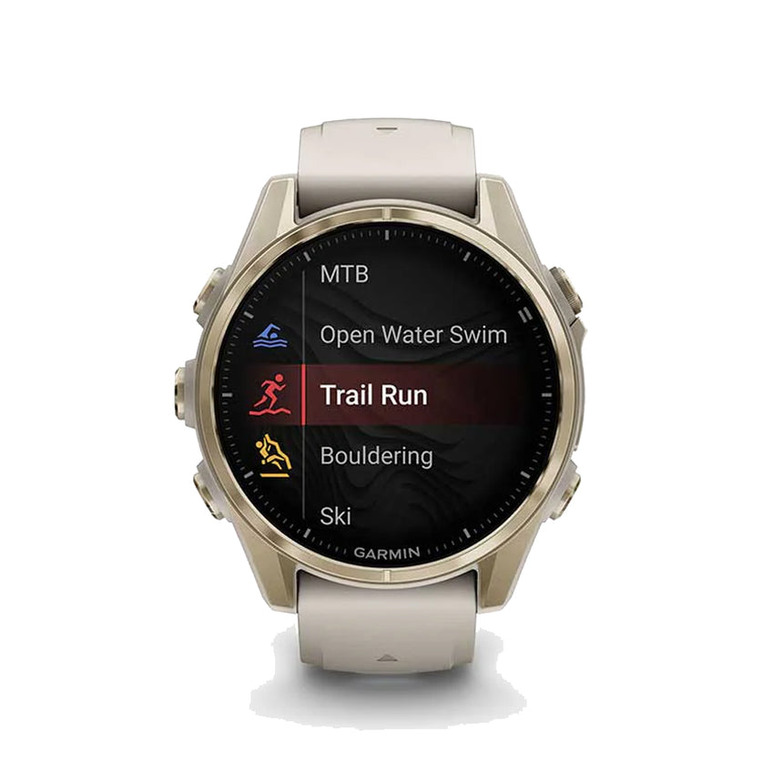 Garmin Fēnix® 8 AMOLED 43 mm Running Watch - Sapphire, Soft Gold with Fog grey/dark sandstone silicone band