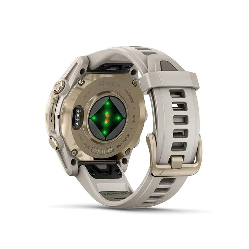 Garmin Fēnix® 8 AMOLED 43 mm Running Watch - Sapphire, Soft Gold with Fog grey/dark sandstone silicone band