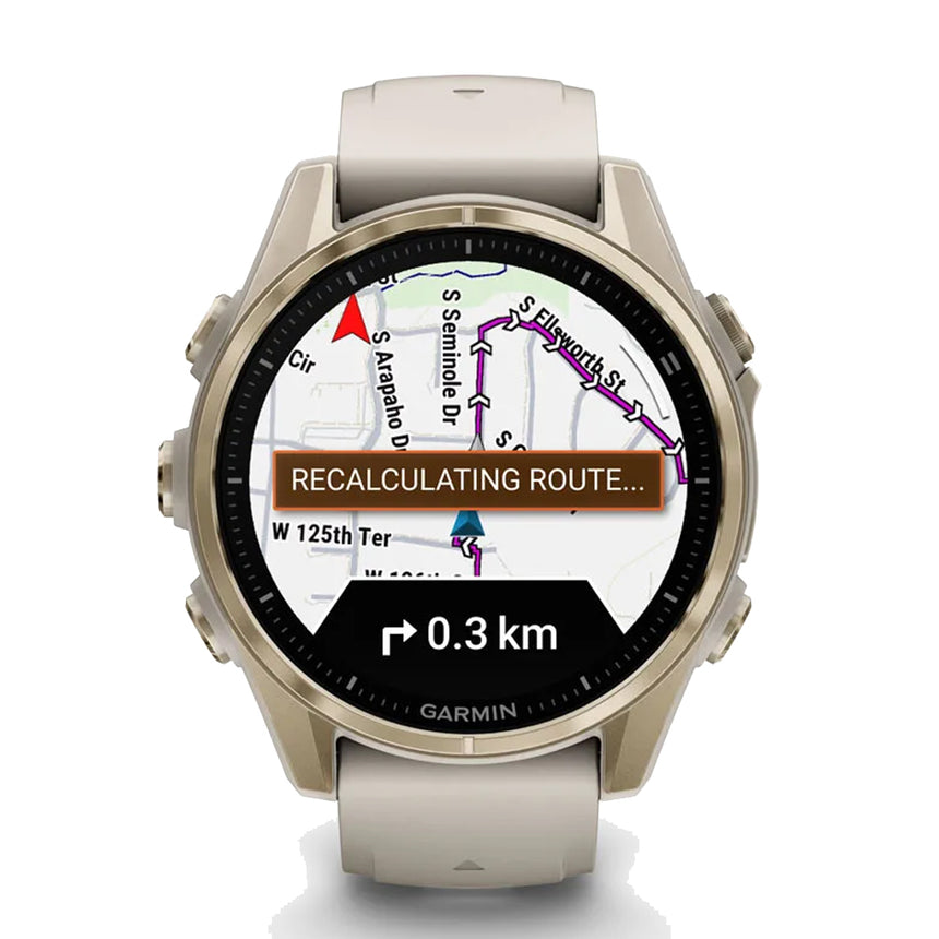 Garmin Fēnix® 8 AMOLED 43 mm Running Watch - Sapphire, Soft Gold with Fog grey/dark sandstone silicone band