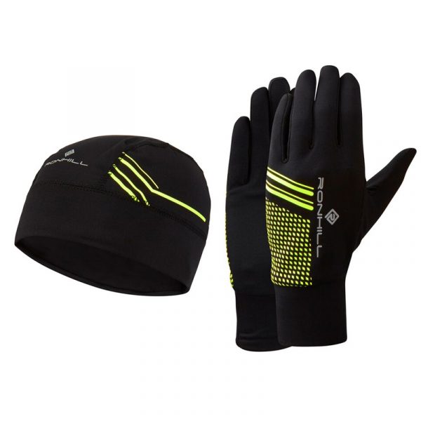 Ronhill Beanie and Glove Set Black/Fluo Yellow