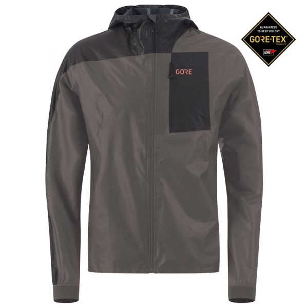 Gore Wear Gore-Tex Shakedry Men's Hooded Running Jacket Front View with Gore-Tex Logo